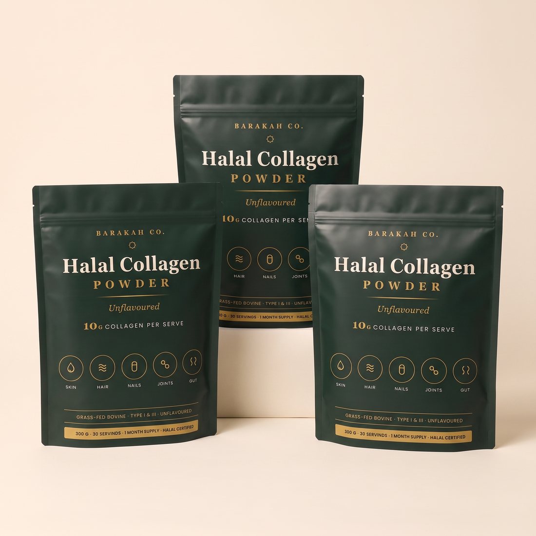 Three pouches of Barakah Halal Collagen