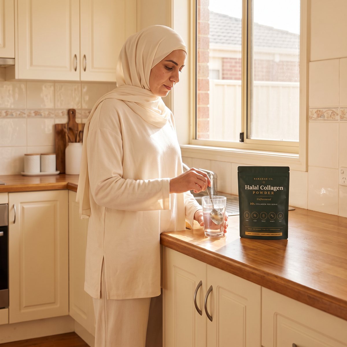 Mixing Barakah collagen at the kitchen bench