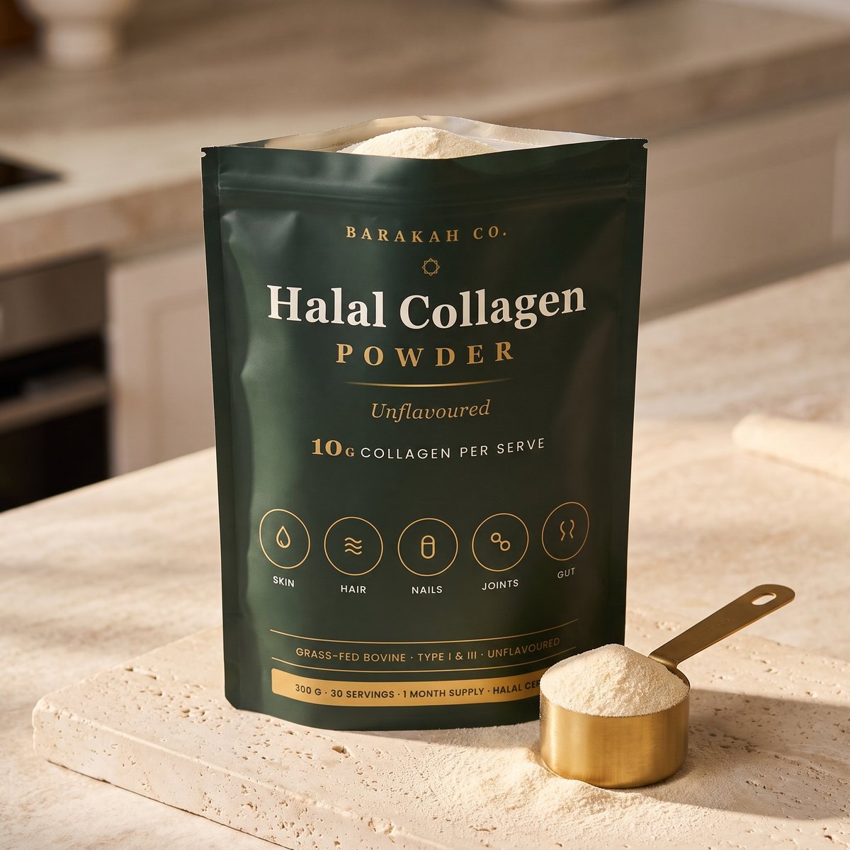 Collagen powder and gold measuring scoop