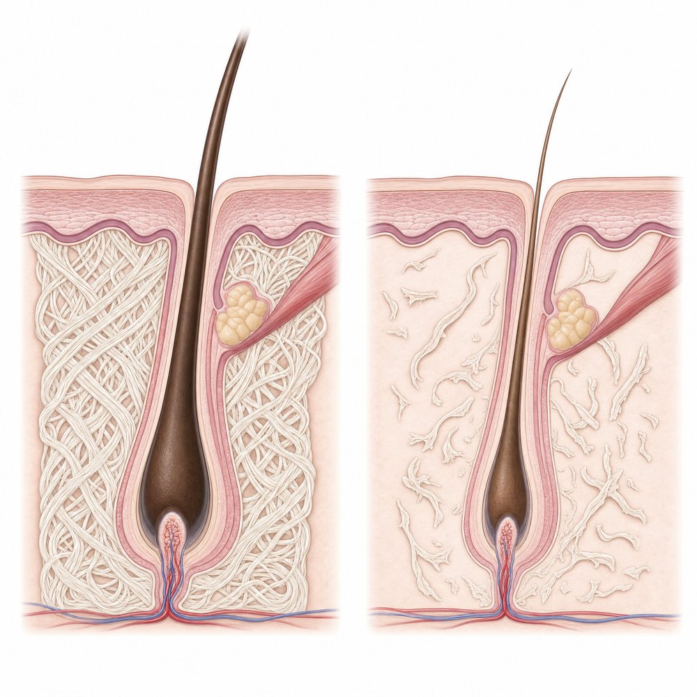Left: a follicle held in a dense collagen sheath. Right: the same follicle once that sheath has thinned. The hair does not fall because it is damaged — it falls because what was holding it has loosened.