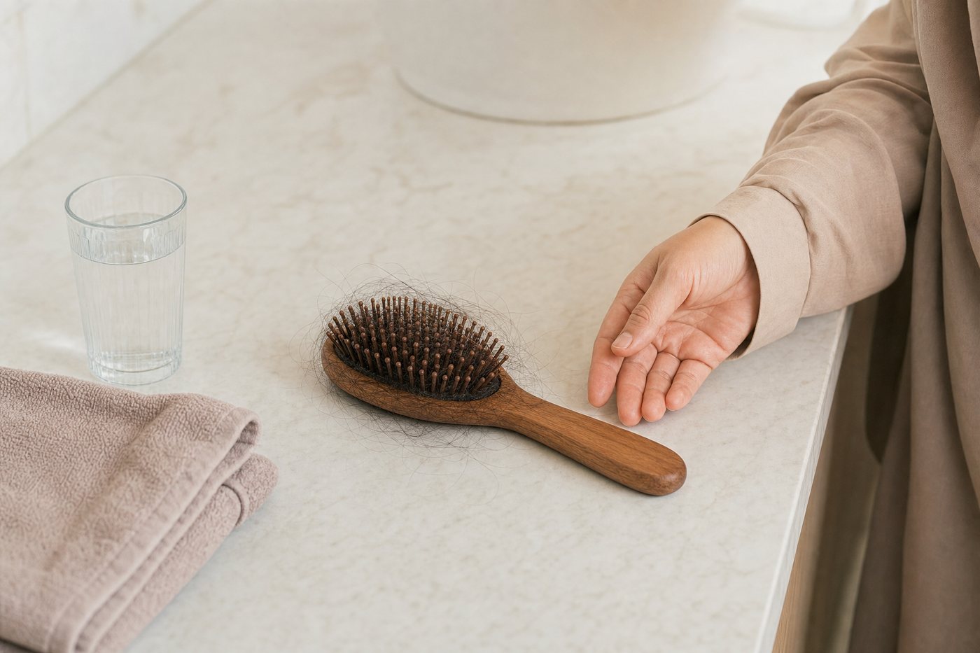 The brush, the drain, the pillow. By the time a woman photographs it, she has usually been watching it for months.