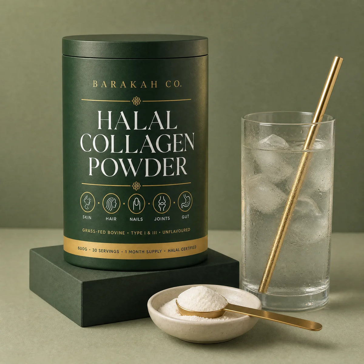 Barakah Co. Halal Collagen Powder container with a glass of water and collagen powder in a bowl on a green background
