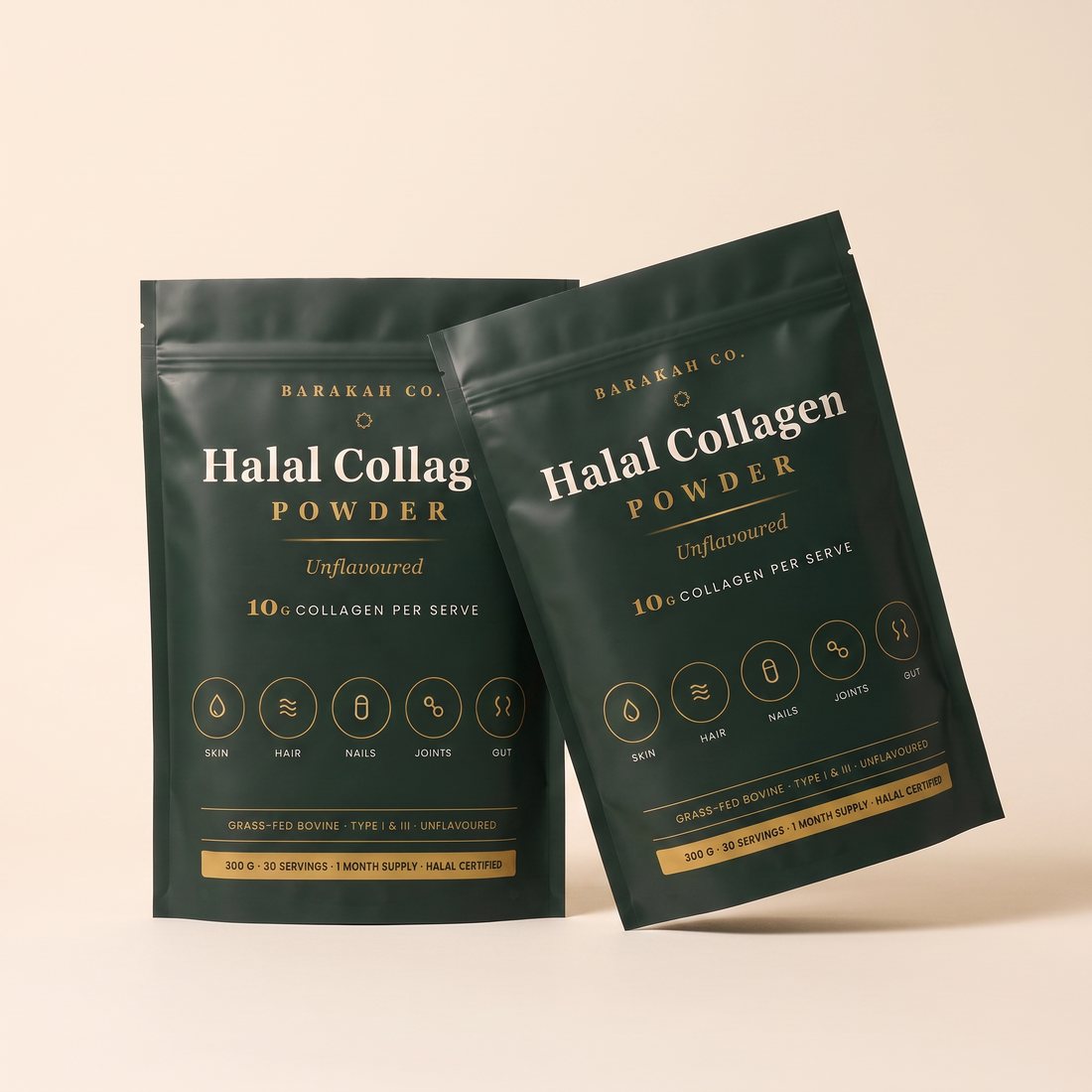 Two pouches of Barakah Halal Collagen