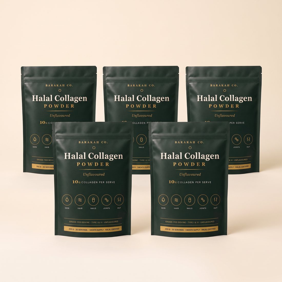 Five pouches of Barakah Halal Collagen