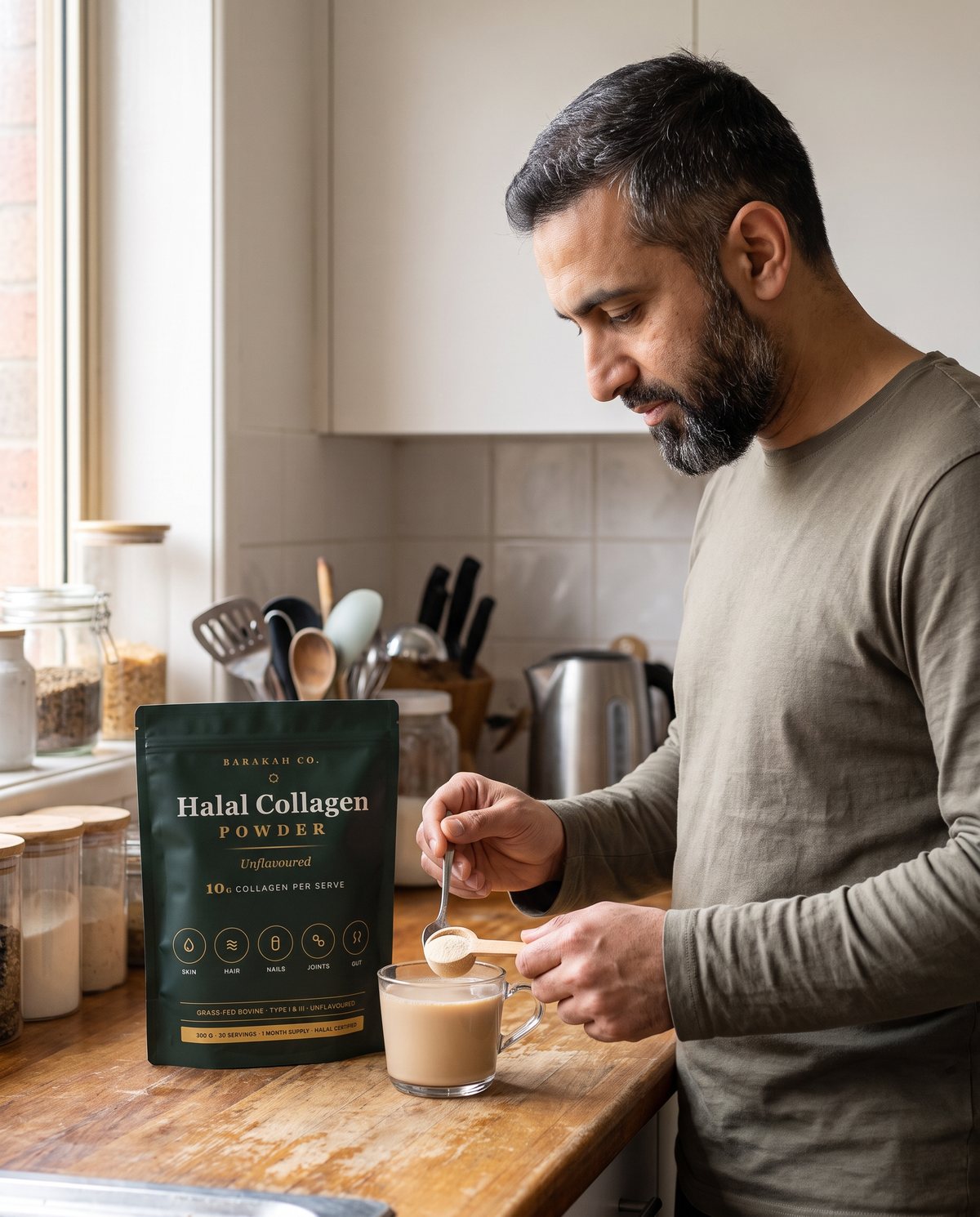 A man stirring a scoop into his chai