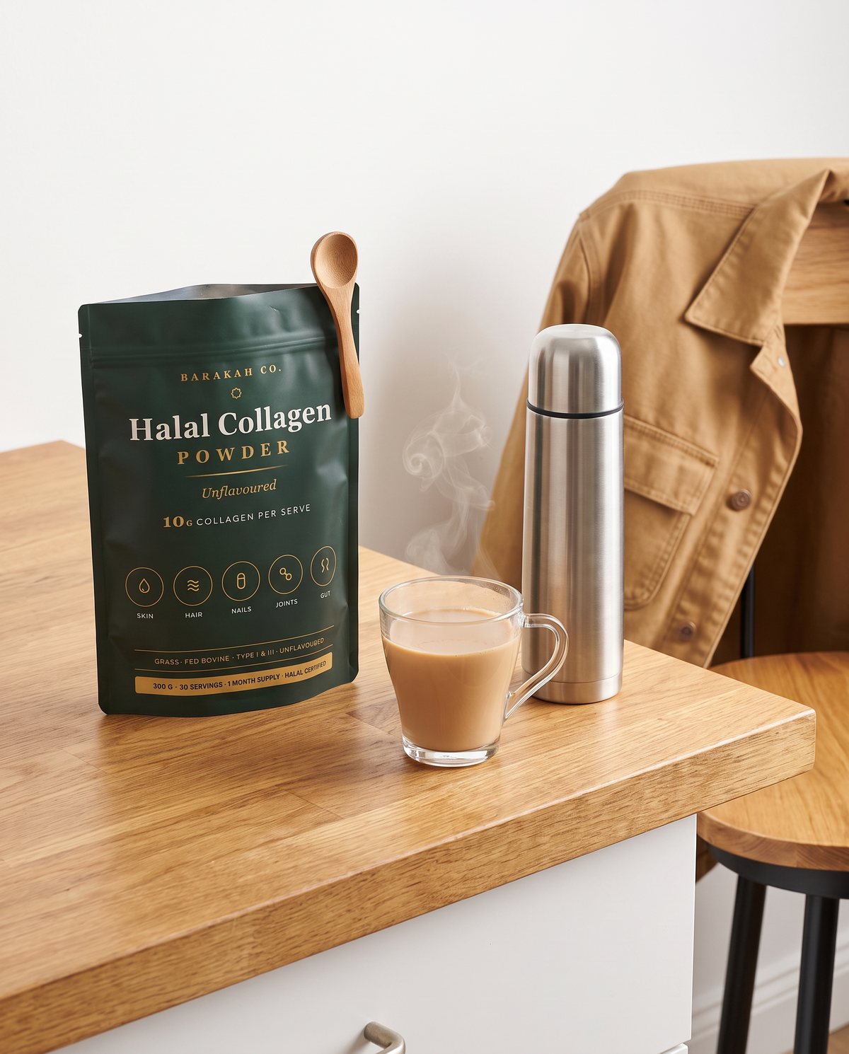 The pouch beside a glass of chai